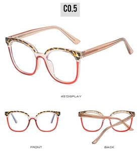 Three-angle view of TR90 glasses frames featuring leopard print and red accents