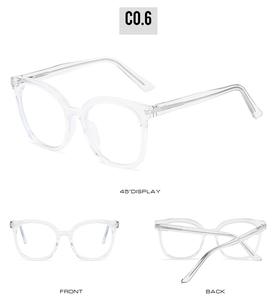 Three-angle display of transparent TR90 full-rim glasses frame showing 45-degree and front view