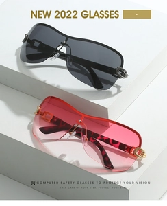 Close-up of oversized wrap-around sunglasses with metal accents and leopard print temple detail