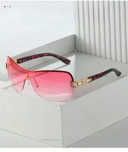 Close-up of pink gradient lenses and leopard print temples with gold chain details