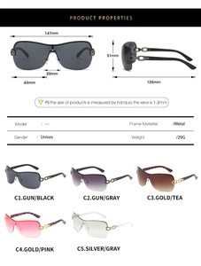 Detailed size specifications and material chart for oversized shield sunglasses