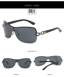 Three-angle view of vintage wrap-around sunglasses with metallic chain temple details