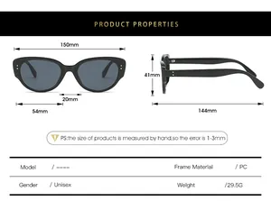 Detailed size guide for cat eye sunglasses showing PC frame dimensions and specs