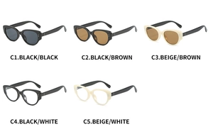 Detailed view of cat eye sunglasses showing five color variants and metal stud accents
