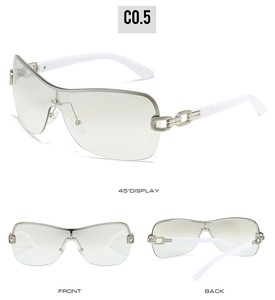 Three-view detail of frameless shield sunglasses with silver chain on white temples