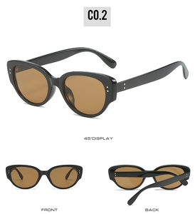 Multi-angle view of cat-eye sunglasses with silver rivets and brown tinted lenses