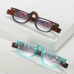 Pair of stylish PC optical frames in tortoiseshell and translucent blue on white steps