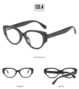 Three-way view of black cat-eye sunglasses showing front, back, and 45-degree angle
