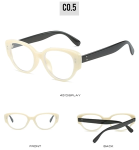 Three-way view of retro cat eye sunglasses with beige frames and black temples