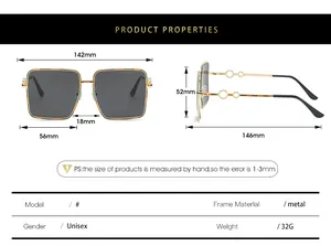 Size chart for oversized square sunglasses with metal frame and detailed dimensions