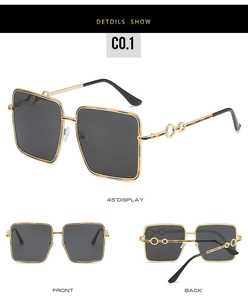 Detailed views of square oversized sunglasses with gold metal frames and tortoise accents