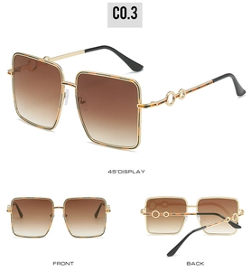Three views of oversized square tortoiseshell sunglasses with brown gradient lenses