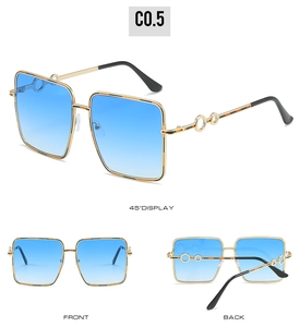 Detailed views of square oversized sunglasses with gold frames and blue gradient lenses