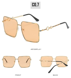 Detailed views of gold square sunglasses featuring peach lenses and tortoiseshell frame details