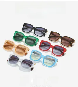 Flat lay of square sunglasses in multiple colors like neon green, red and tortoiseshell