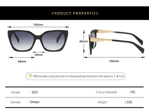 Detailed size chart of square frame sunglasses with precise measurements and specifications