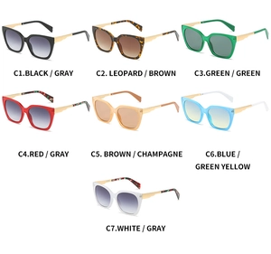 Detailed catalog of retro square sunglasses in seven color variants with wavy metal temples