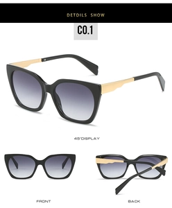 Detailed views of square black sunglasses with gold metal temples and gradient lenses