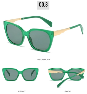 Three views of green translucent square sunglasses with golden wavy metal temples