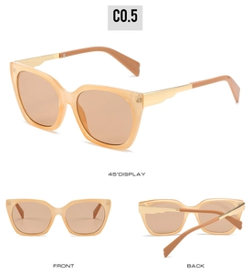 Three perspectives of square cat eye sunglasses with amber peach frame and gold temples