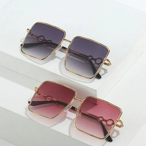 Oversized square metal sunglasses with gradient lenses and hollow circle temple design