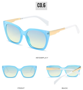 Close-up of square sunglasses with light blue frames and gold metal temples