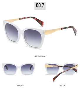 Three-way display of white square sunglasses with gradient lenses and gold tortoiseshell arms