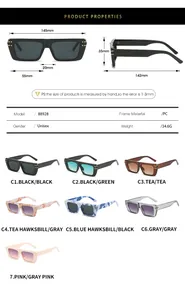 Detailed size guide and multi-color options for square flat top retro sunglasses