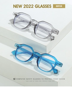 Close-up of retro square blue light blocking glasses in transparent grey and blue frames