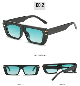 Flat top square sunglasses with black thick frames, blue lenses and gold metal accents