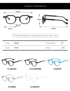 Detailed size chart for blue light glasses showing frame width and lens height dimensions