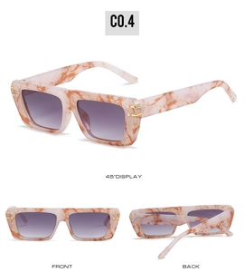 Detailed views of pink marble texture square sunglasses with gradient purple lenses
