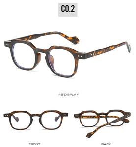 Detailed views of tortoise shell polygon glasses frames with metal rivets and flat lenses