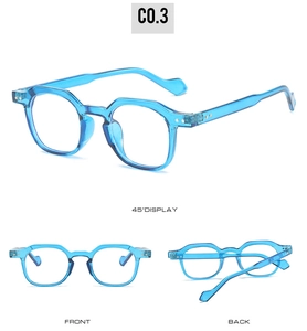 Detailed views of transparent blue geometric eyeglass frames showing front and side angles