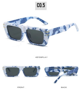 Multi-angle view of blue and white marble pattern rectangular sunglasses with gold details