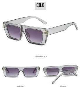 Detailed views of translucent grey square sunglasses with purple gradient lenses and rivets