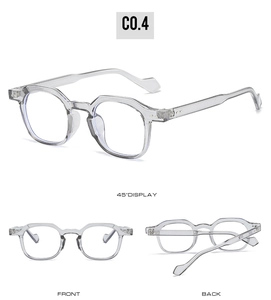 Three-angle views of gray transparent polygonal blue light blocking glasses with PC frames