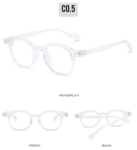 Three-angle view of transparent square-frame blue light blocking glasses with silver hinges