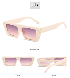 Detailed views showing beige flat top square sunglasses with gradient purple lenses