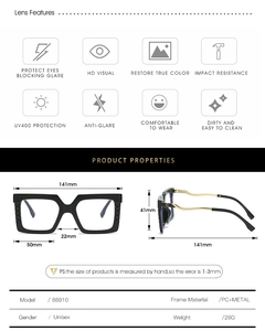 Detailed size specifications and UV400 functional features of black square eyeglasses