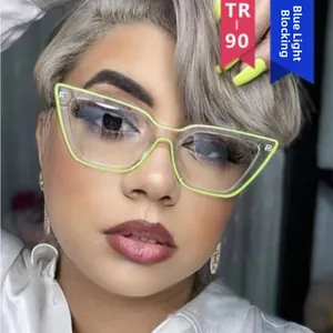 Close-up of cat-eye TR90 glasses frame with anti-blue light lenses on a model