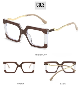 Detailed views of square oversized eyeglasses frames with golden metal temples and C0.3 mark