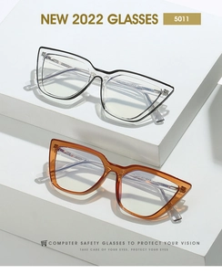 Detail of 5011 TR90 cat-eye blue light blocking glasses on minimalist white steps