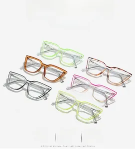 Detailed flat lay of cat eye glasses in six vibrant color options including tortoise and lime