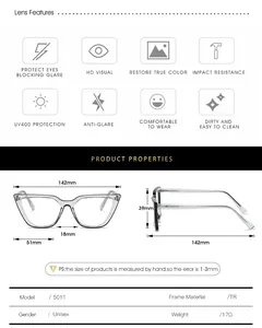 Detailed size chart and dimensions for the retro TR90 cat-eye anti-blue light glasses