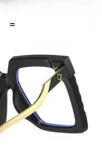 Detail of square glasses frame with gold metal hinges and blue light blocking lenses