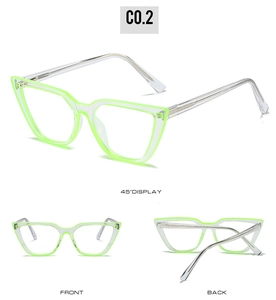 Detail view of fluorescent green TR90 cat eye glasses with metal spring hinges in three angles