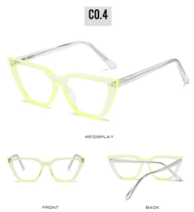 Detailed views of neon yellow cat-eye TR90 frames with anti-blue light metal spring hinges