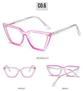 Three-way view of cat eye TR90 glasses frames with dual-layer pink and clear finish