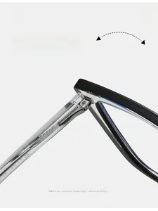 Close-up of durable metal hinge on TR90 cat-eye glasses with CE and UKCA marks